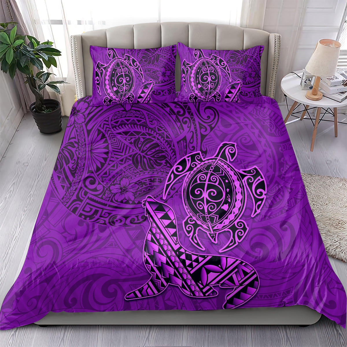 Hawaii Monk Seal and Dolphin Bedding Set Polynesian Kakau Pattern Purple