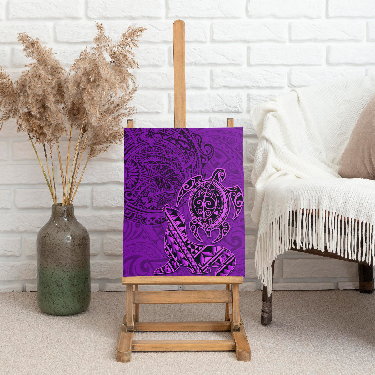 Hawaii Monk Seal and Dolphin Canvas Wall Art Polynesian Kakau Pattern Purple