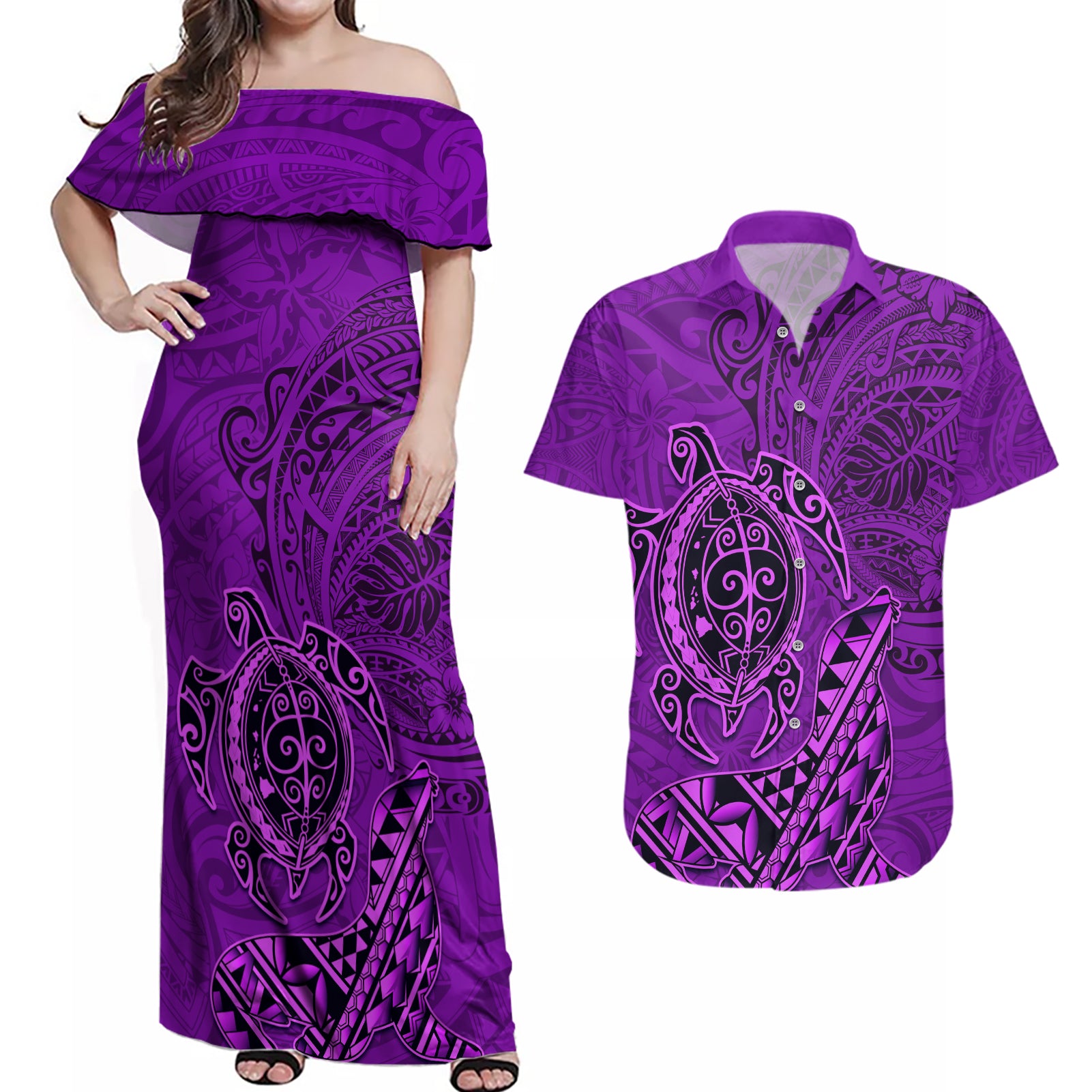 Hawaii Monk Seal and Dolphin Couples Matching Off Shoulder Maxi Dress and Hawaiian Shirt Polynesian Kakau Pattern Purple