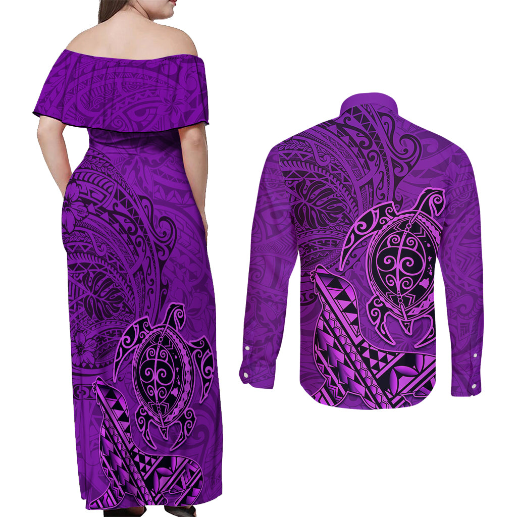 Hawaii Monk Seal and Dolphin Couples Matching Off Shoulder Maxi Dress and Long Sleeve Button Shirt Polynesian Kakau Pattern Purple