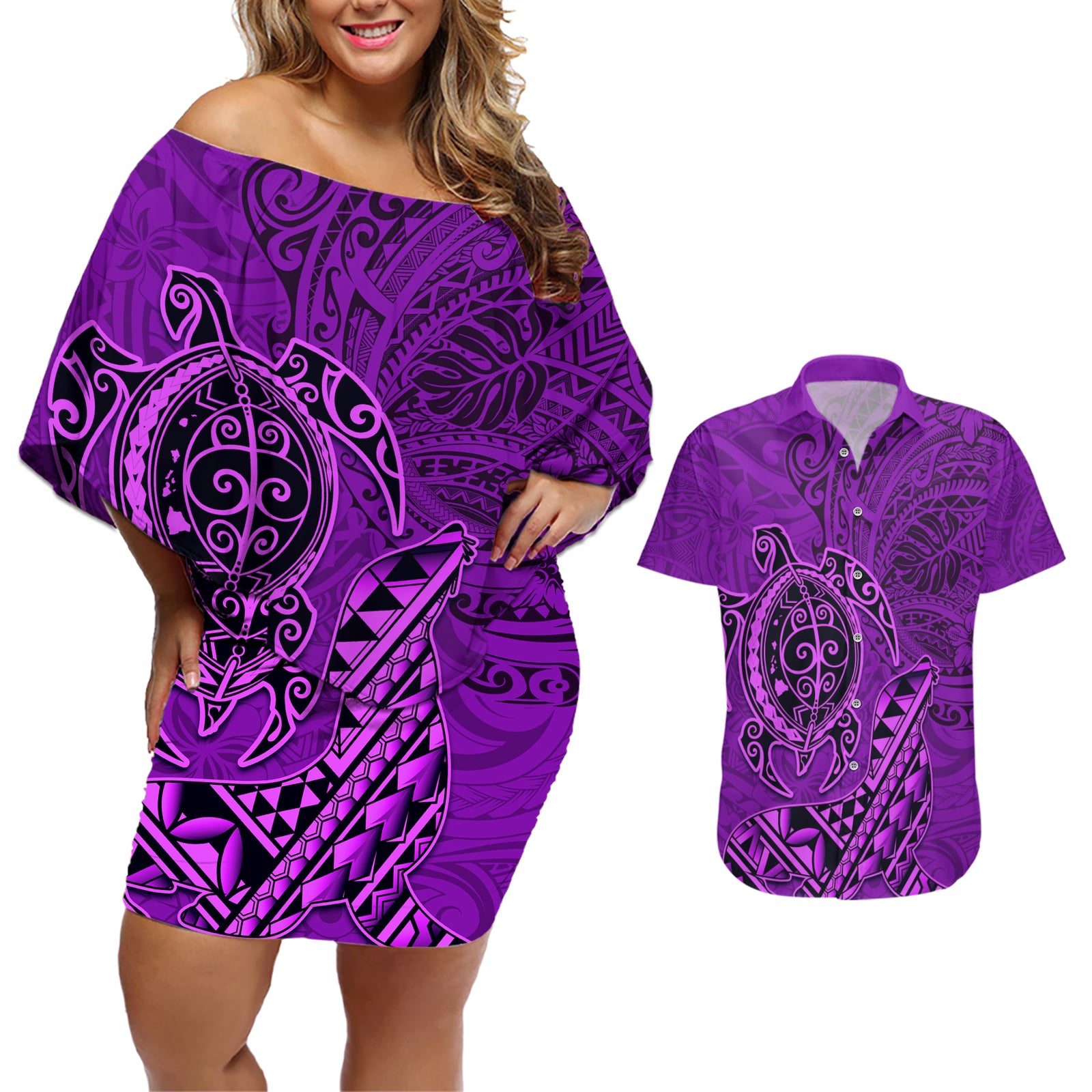 Hawaii Monk Seal and Dolphin Couples Matching Off Shoulder Short Dress and Hawaiian Shirt Polynesian Kakau Pattern Purple