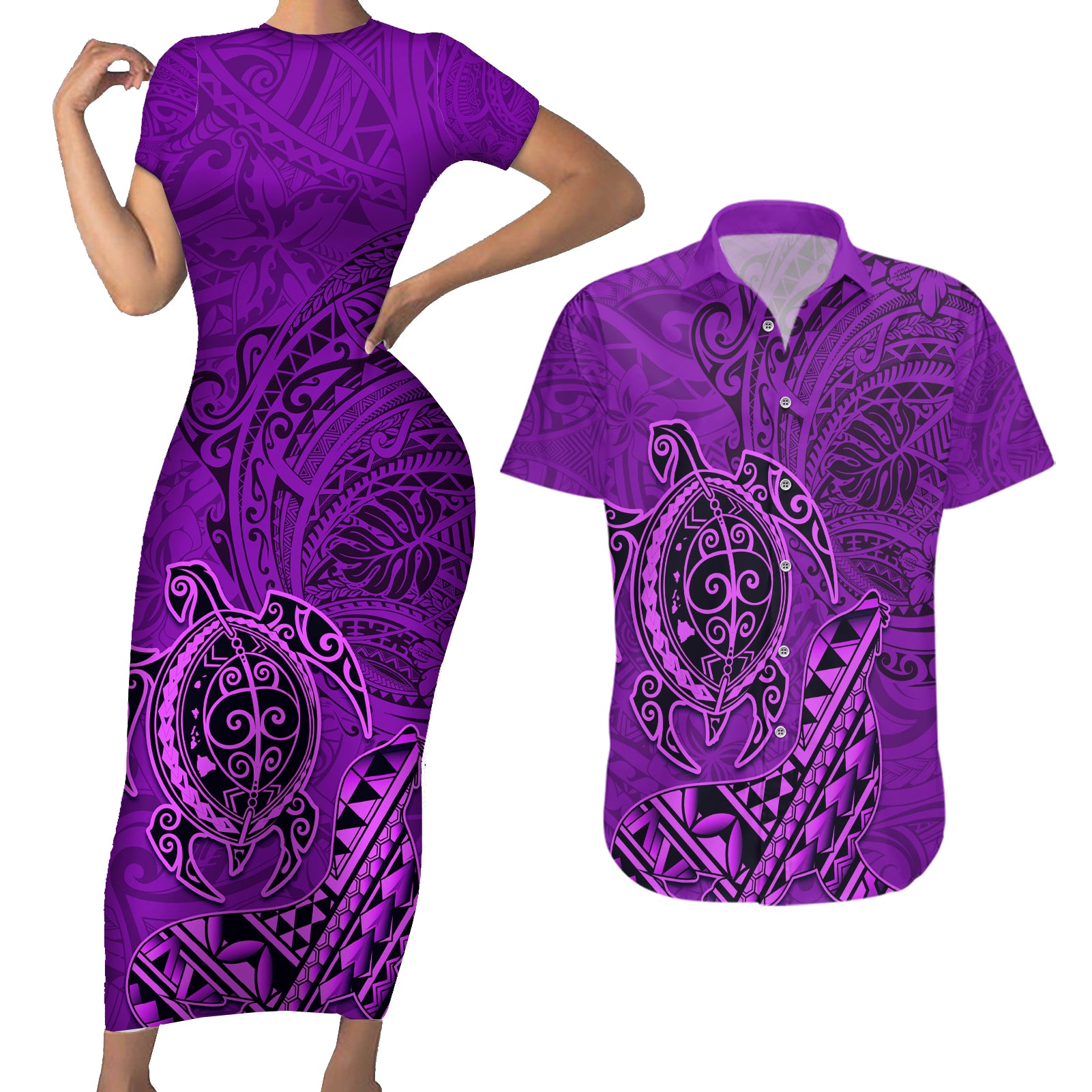 Hawaii Monk Seal and Dolphin Couples Matching Short Sleeve Bodycon Dress and Hawaiian Shirt Polynesian Kakau Pattern Purple