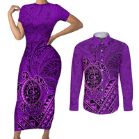 Hawaii Monk Seal and Dolphin Couples Matching Short Sleeve Bodycon Dress and Long Sleeve Button Shirt Polynesian Kakau Pattern Purple