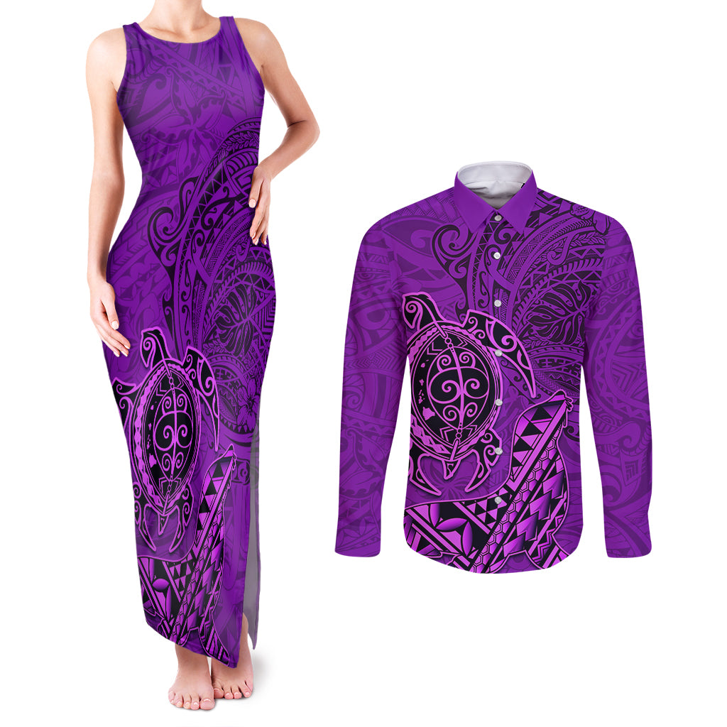 Hawaii Monk Seal and Dolphin Couples Matching Tank Maxi Dress and Long Sleeve Button Shirt Polynesian Kakau Pattern Purple