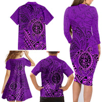 Hawaii Monk Seal and Dolphin Family Matching Long Sleeve Bodycon Dress and Hawaiian Shirt Polynesian Kakau Pattern Purple