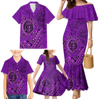 Hawaii Monk Seal and Dolphin Family Matching Mermaid Dress and Hawaiian Shirt Polynesian Kakau Pattern Purple