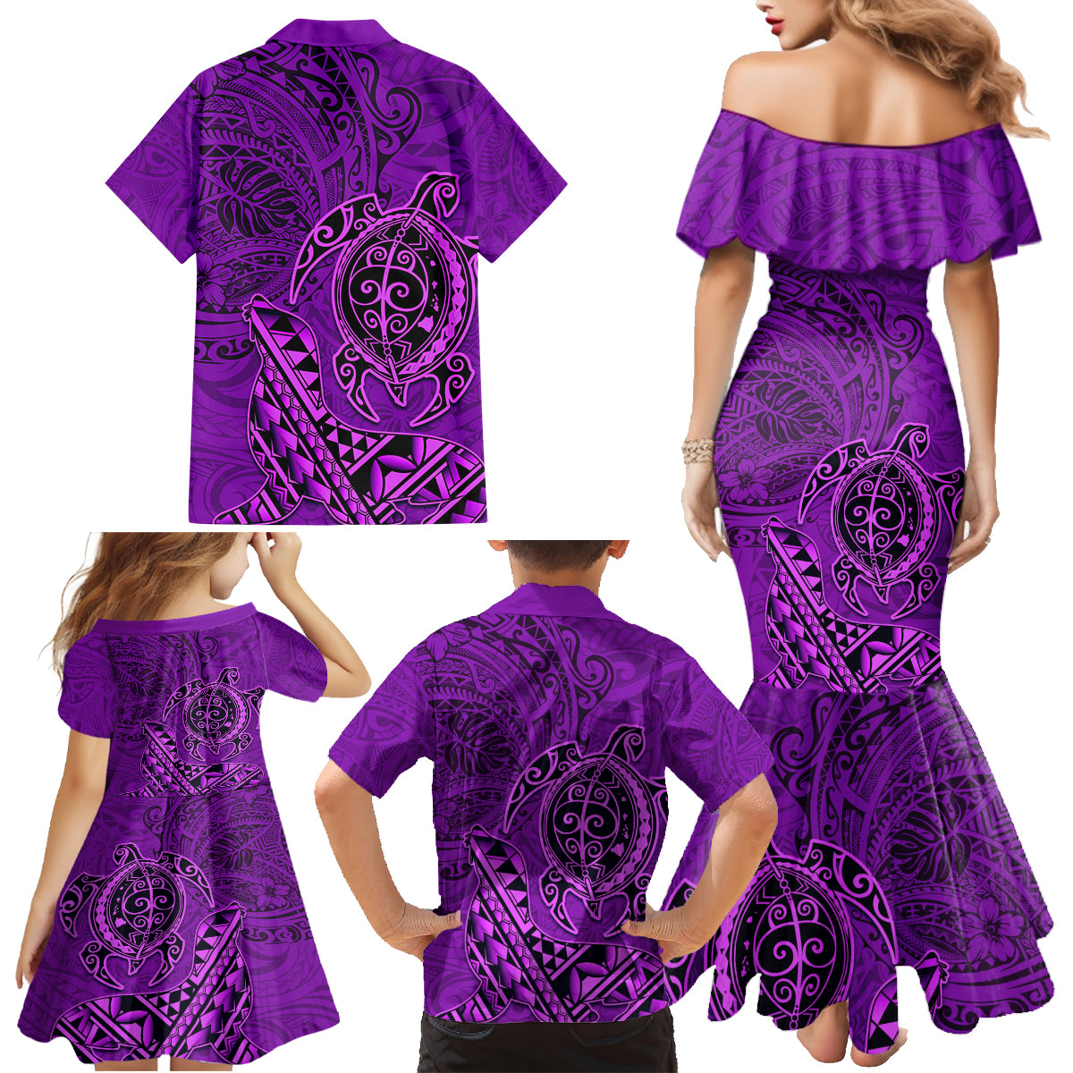 Hawaii Monk Seal and Dolphin Family Matching Mermaid Dress and Hawaiian Shirt Polynesian Kakau Pattern Purple