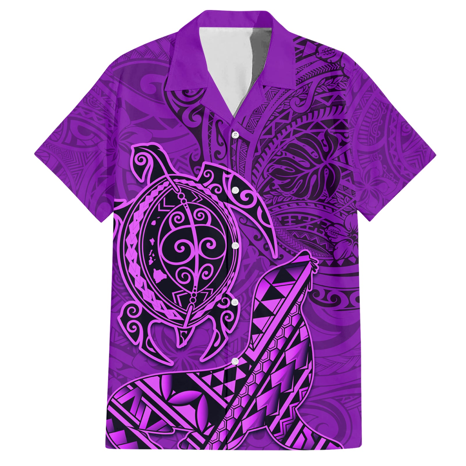 Hawaii Monk Seal and Dolphin Hawaiian Shirt Polynesian Kakau Pattern Purple