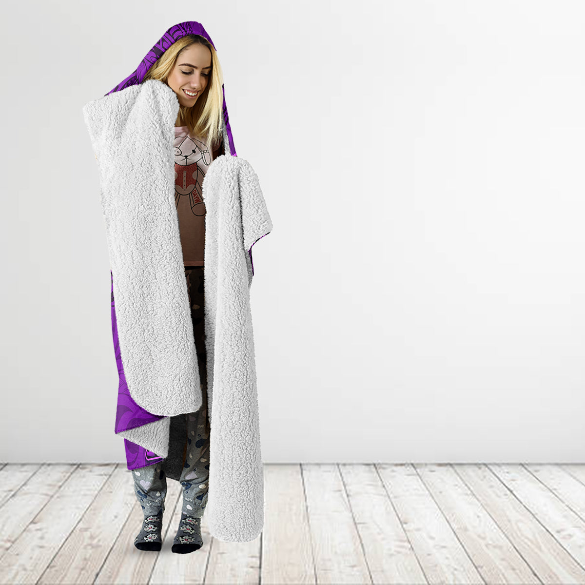 Hawaii Monk Seal and Dolphin Hooded Blanket Polynesian Kakau Pattern Purple