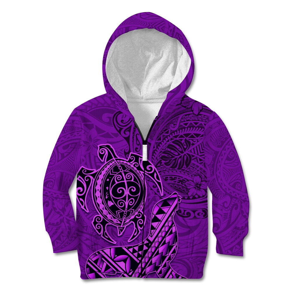Hawaii Monk Seal and Dolphin Kid Hoodie Polynesian Kakau Pattern Purple