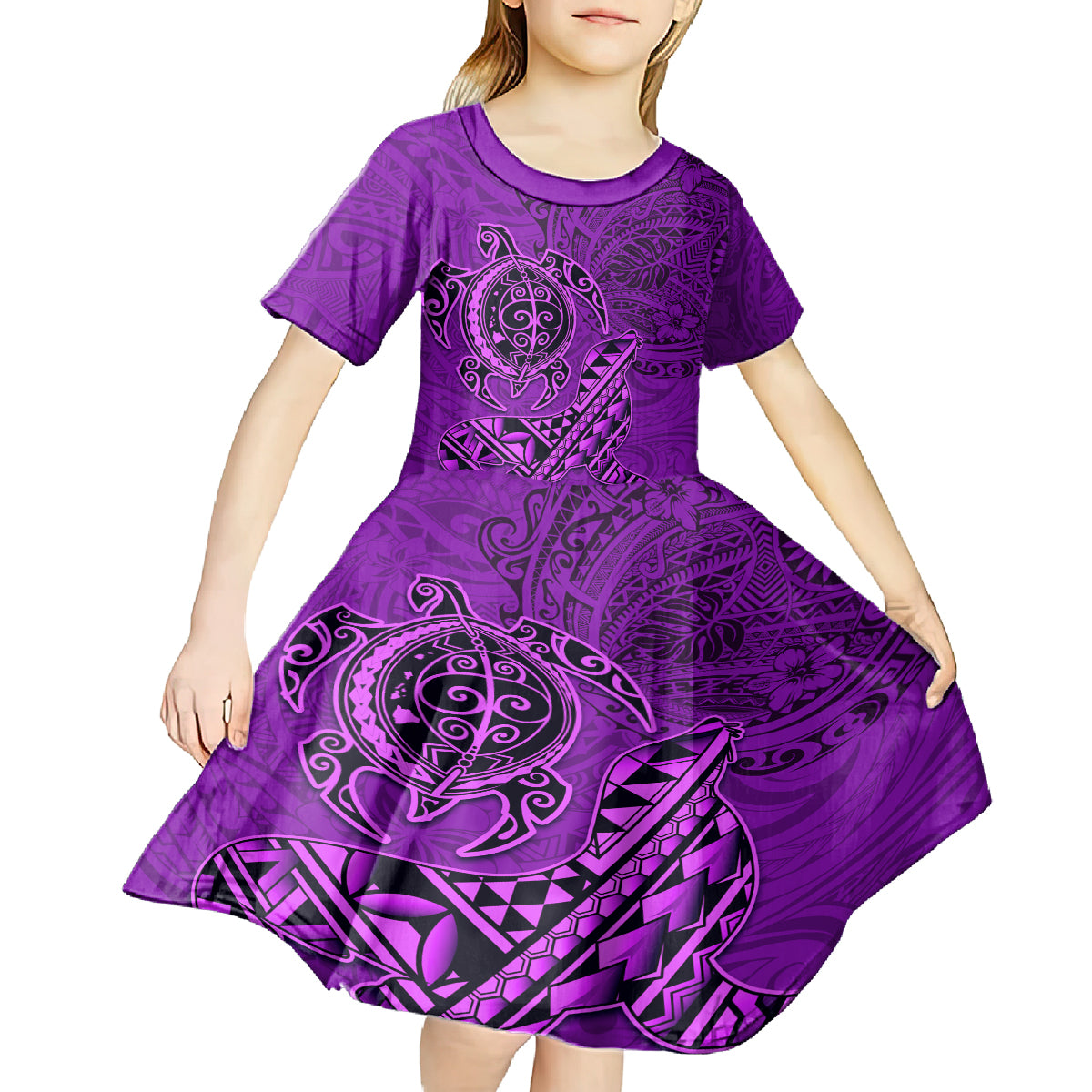 Hawaii Monk Seal and Dolphin Kid Short Sleeve Dress Polynesian Kakau Pattern Purple