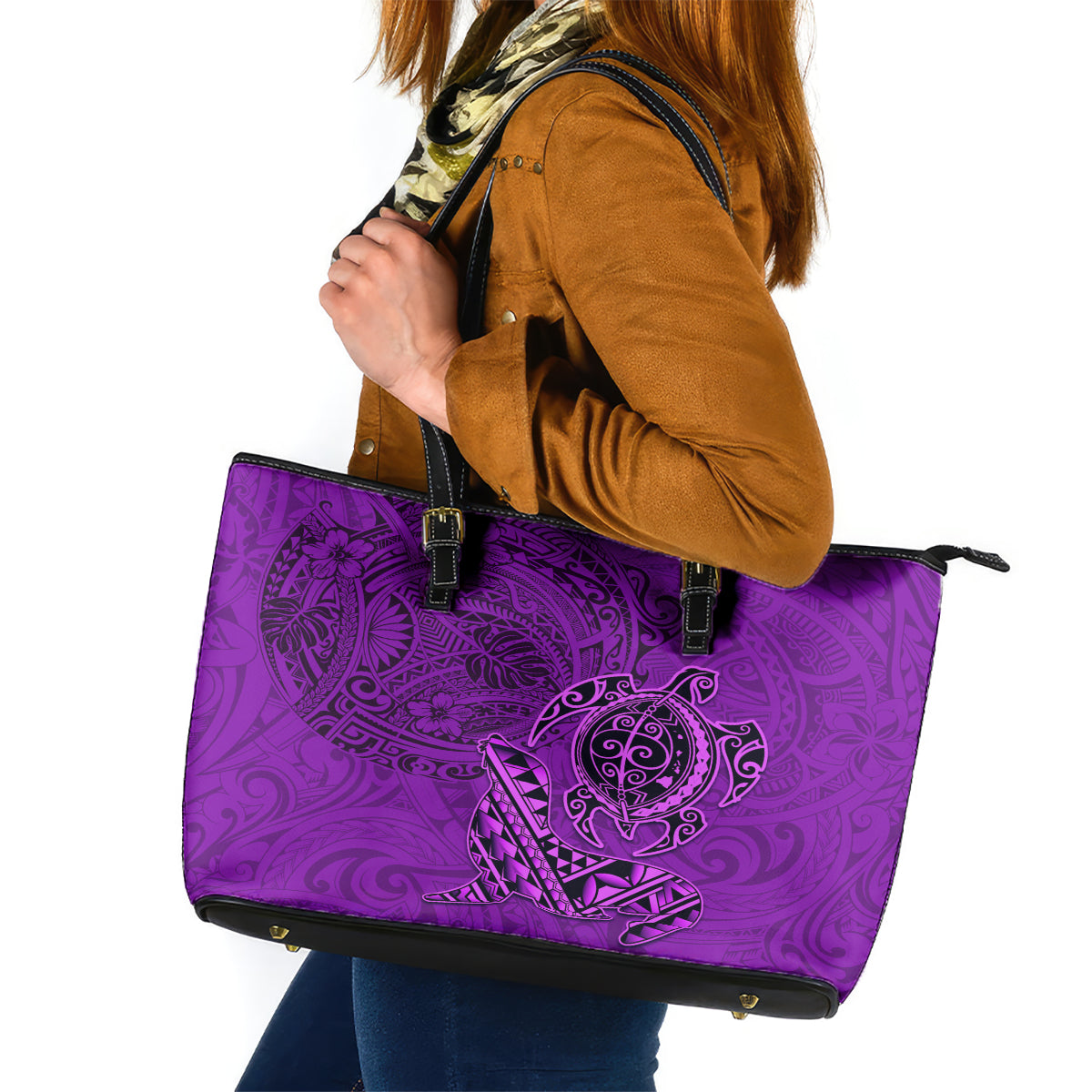 Hawaii Monk Seal and Dolphin Leather Tote Bag Polynesian Kakau Pattern Purple