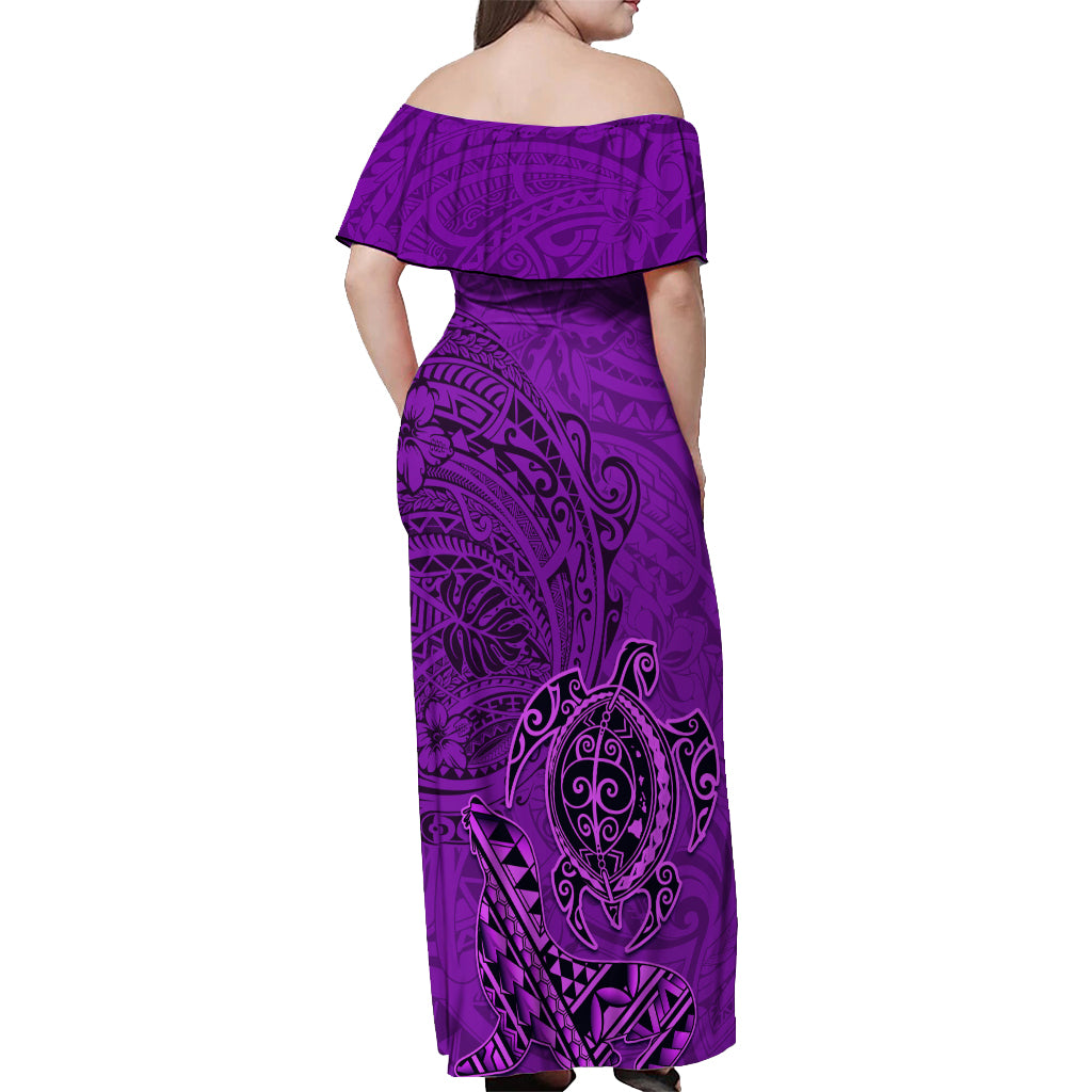 Hawaii Monk Seal and Dolphin Off Shoulder Maxi Dress Polynesian Kakau Pattern Purple