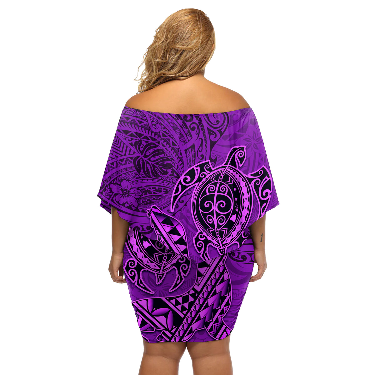 Hawaii Monk Seal and Dolphin Off Shoulder Short Dress Polynesian Kakau Pattern Purple