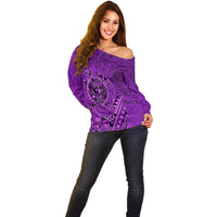 Hawaii Monk Seal and Dolphin Off Shoulder Sweater Polynesian Kakau Pattern Purple