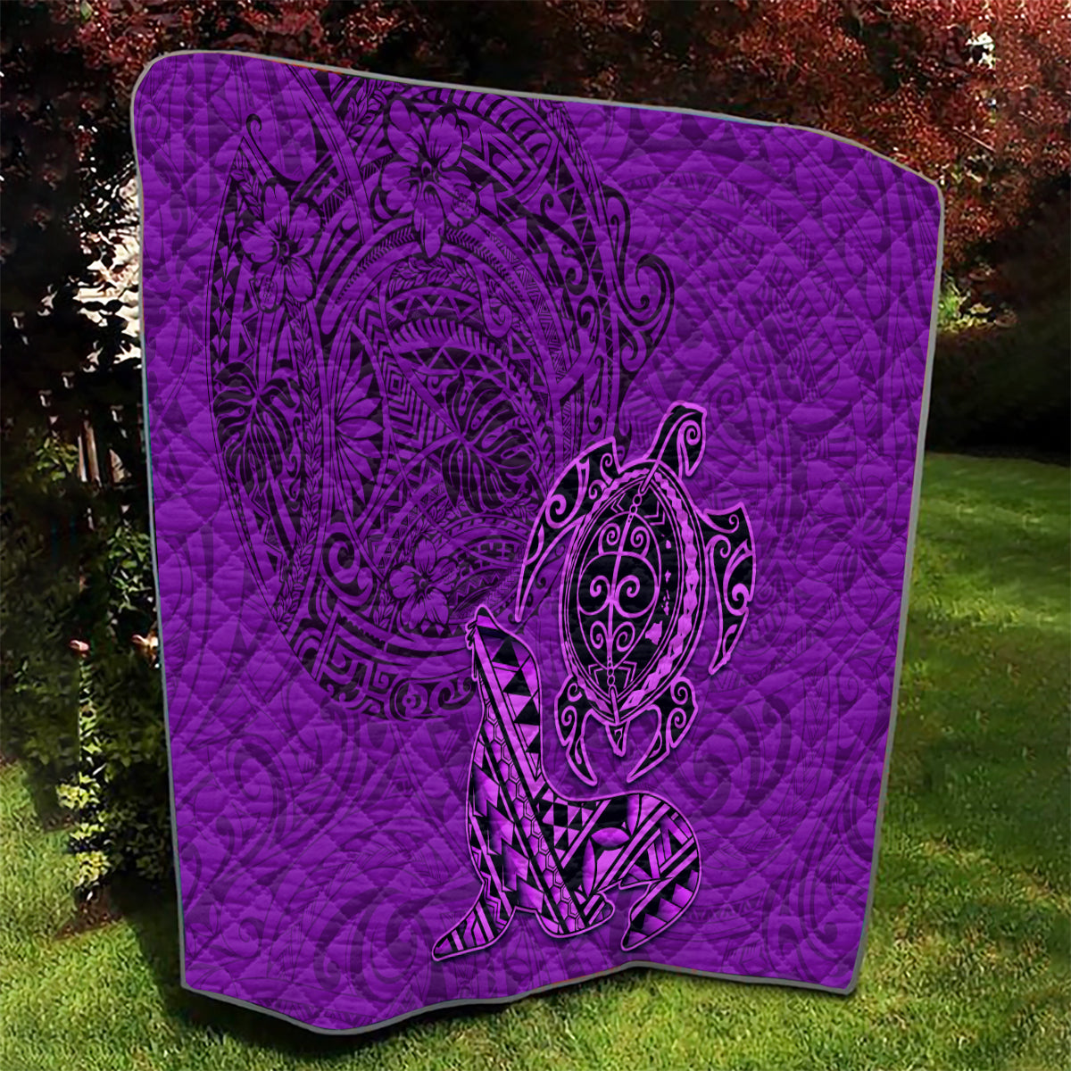 Hawaii Monk Seal and Dolphin Quilt Polynesian Kakau Pattern Purple