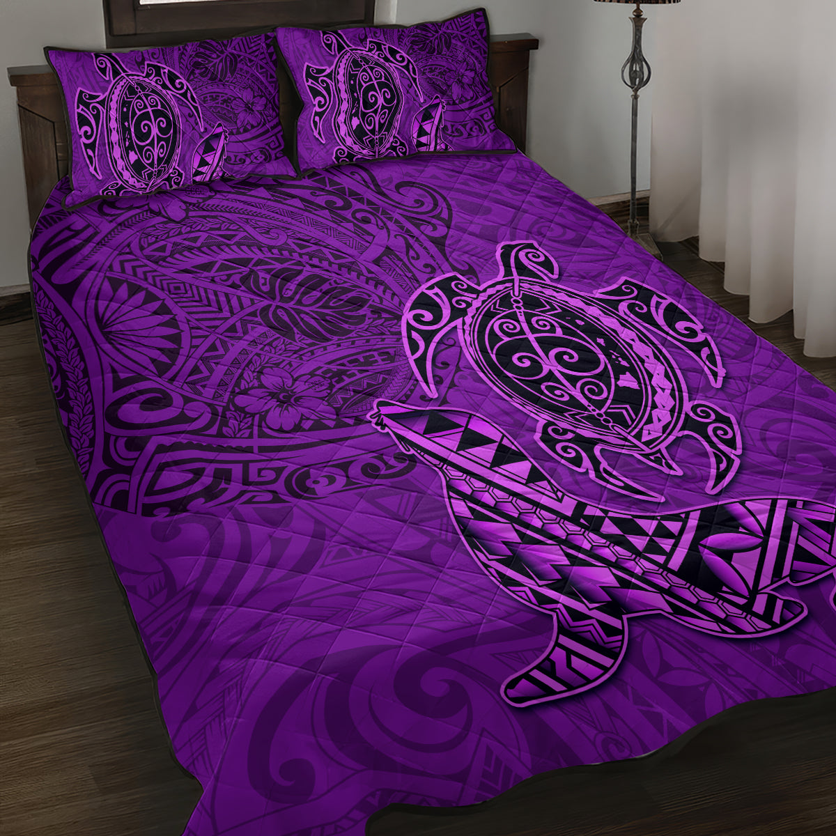 Hawaii Monk Seal and Dolphin Quilt Bed Set Polynesian Kakau Pattern Purple