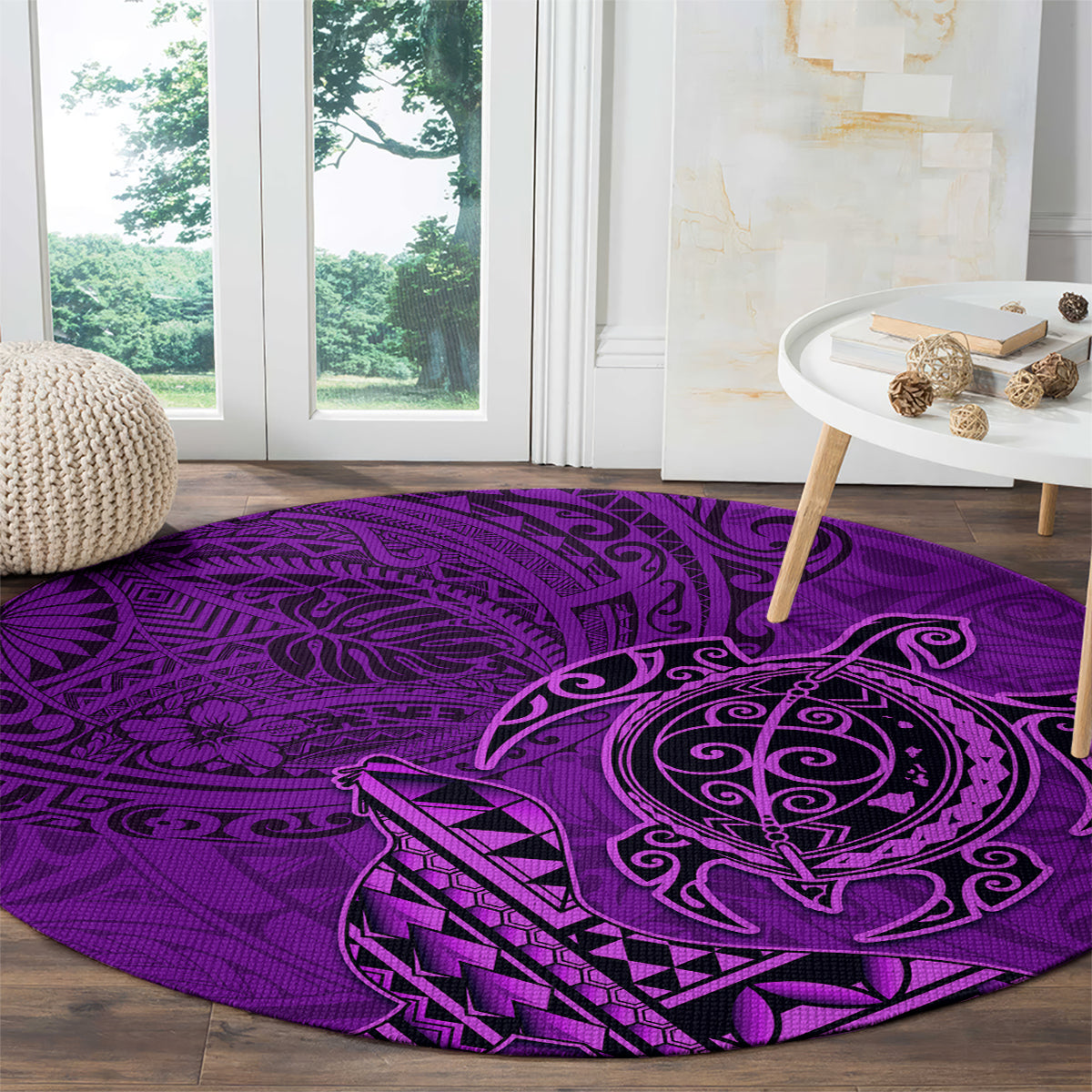 Hawaii Monk Seal and Dolphin Round Carpet Polynesian Kakau Pattern Purple