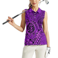 Hawaii Monk Seal and Dolphin Women Sleeveless Polo Shirt Polynesian Kakau Pattern Purple