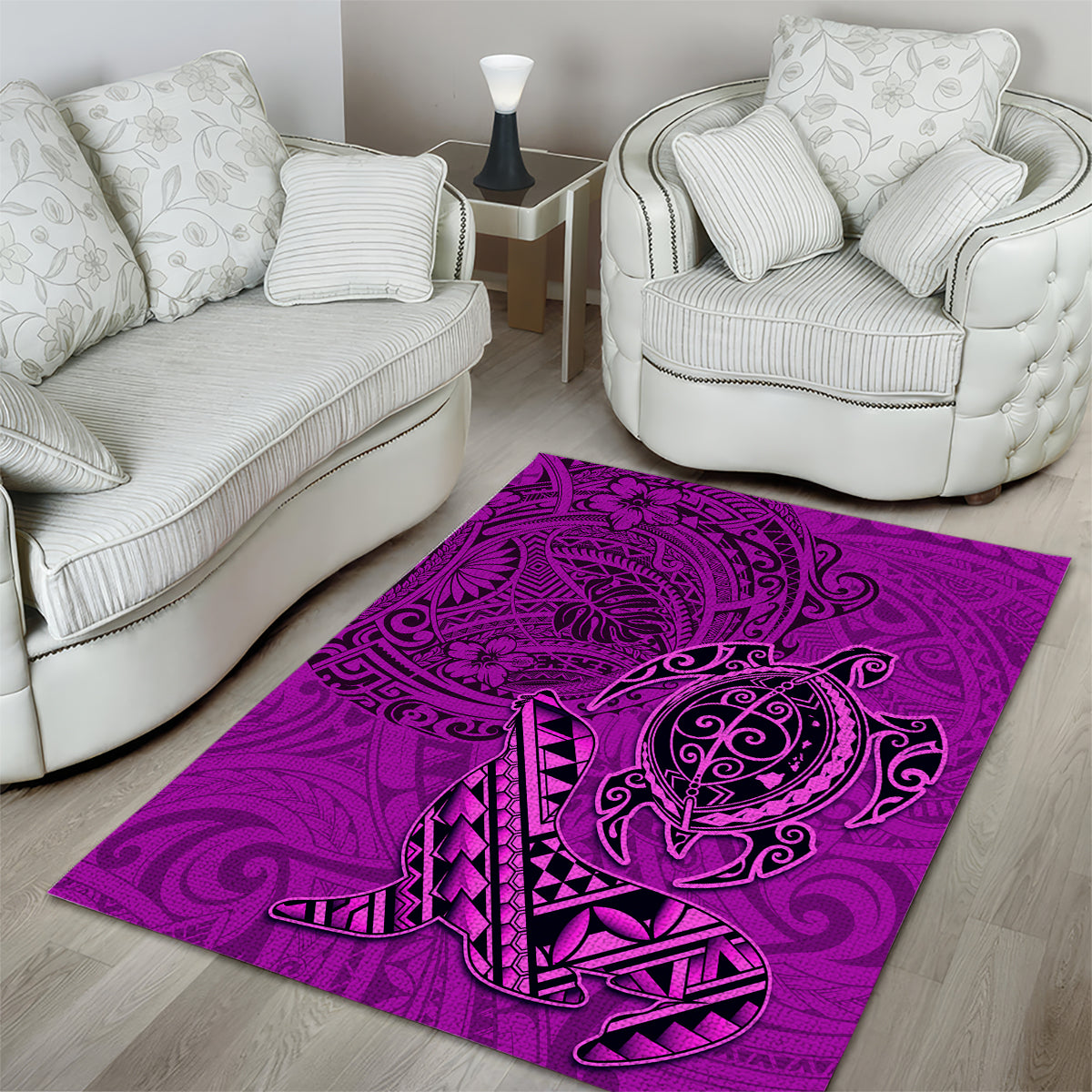 Hawaii Monk Seal and Dolphin Area Rug Polynesian Kakau Pattern Pink