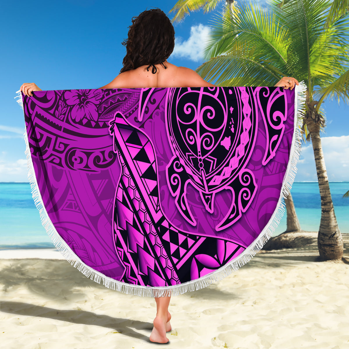 Hawaii Monk Seal and Dolphin Beach Blanket Polynesian Kakau Pattern Pink