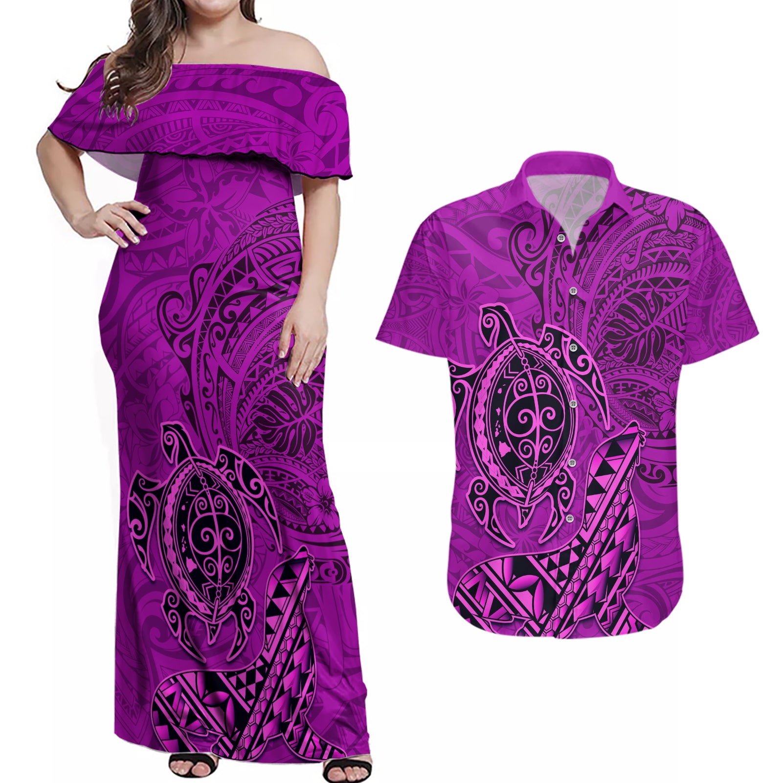 Hawaii Monk Seal and Dolphin Couples Matching Off Shoulder Maxi Dress and Hawaiian Shirt Polynesian Kakau Pattern Pink