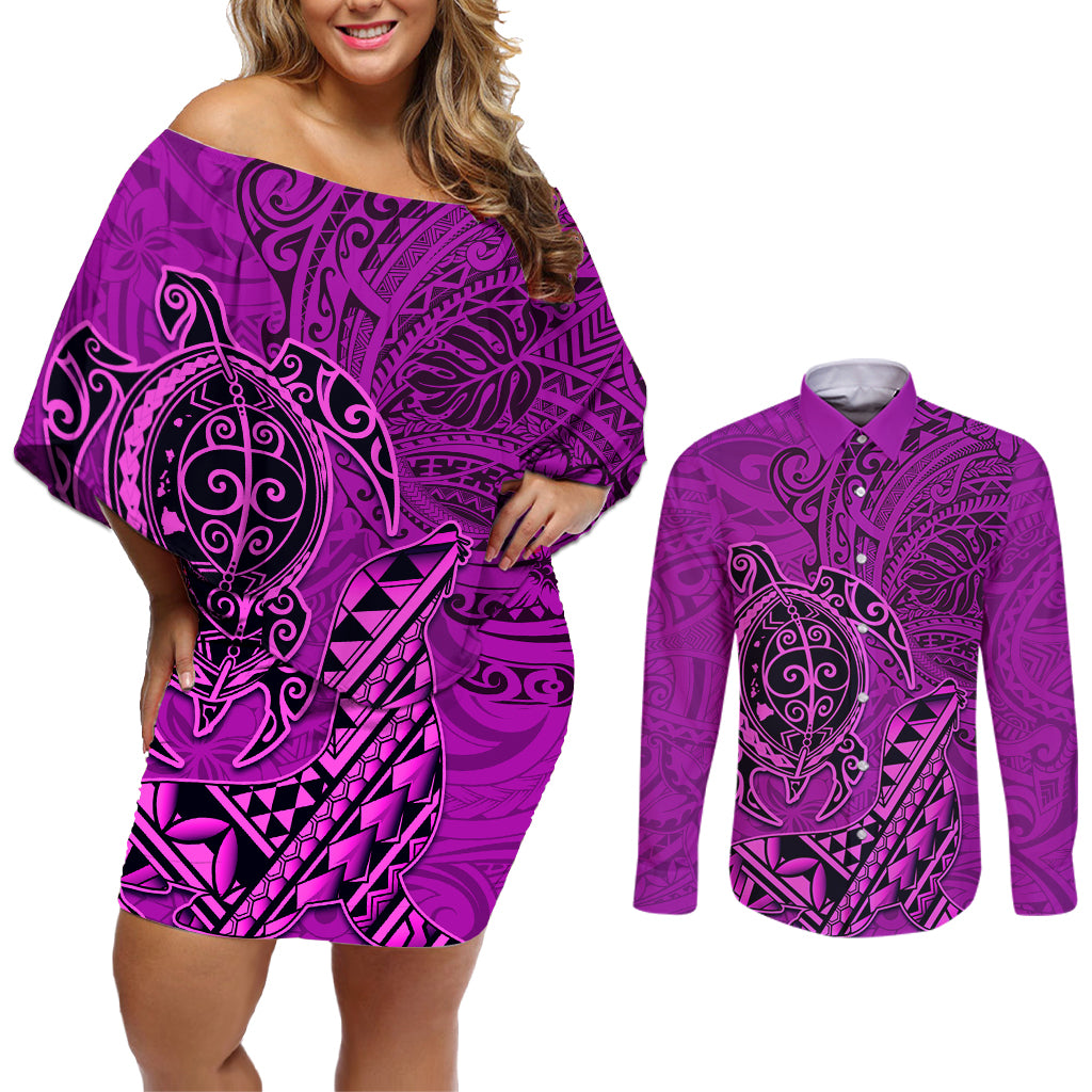 Hawaii Monk Seal and Dolphin Couples Matching Off Shoulder Short Dress and Long Sleeve Button Shirt Polynesian Kakau Pattern Pink