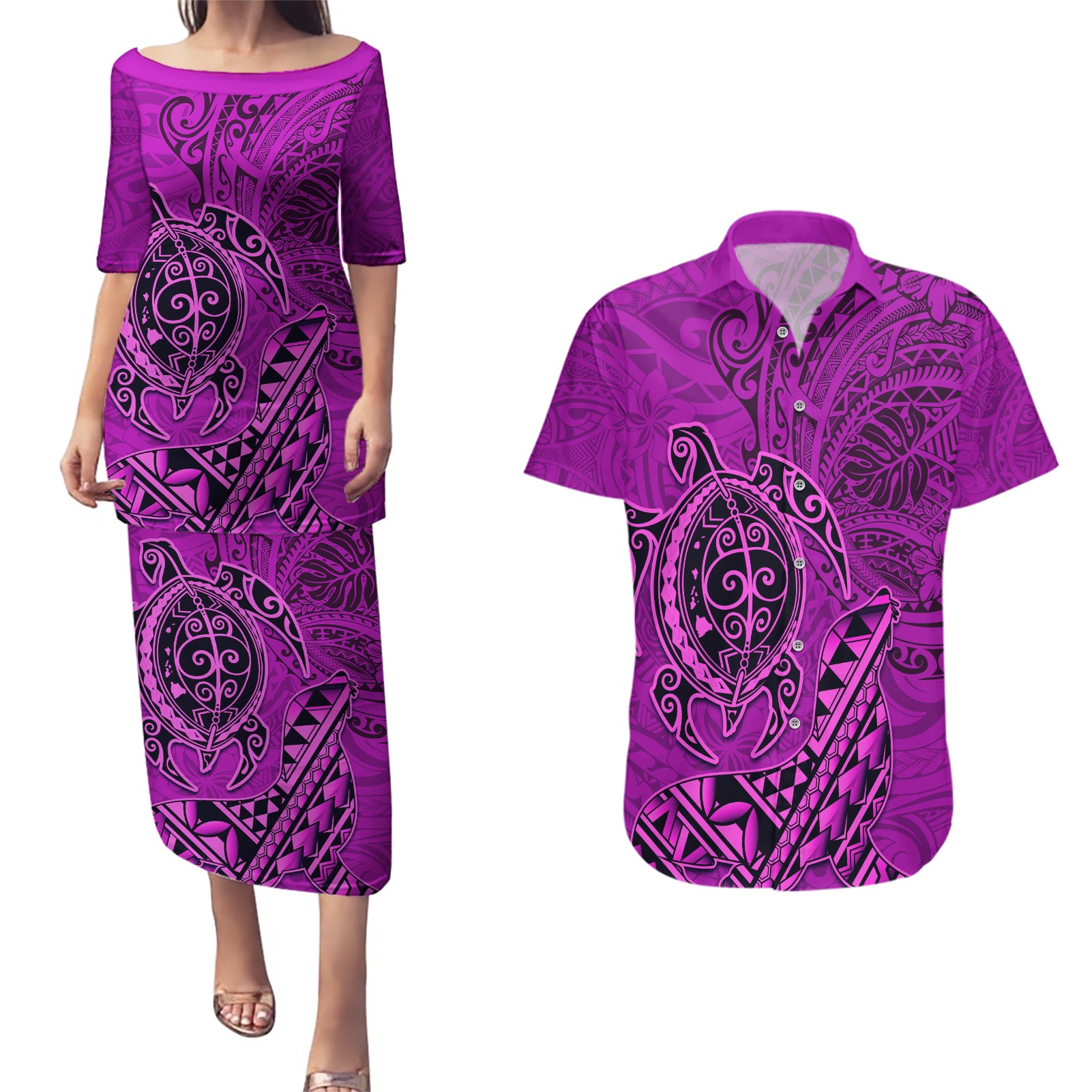 Hawaii Monk Seal and Dolphin Couples Matching Puletasi and Hawaiian Shirt Polynesian Kakau Pattern Pink