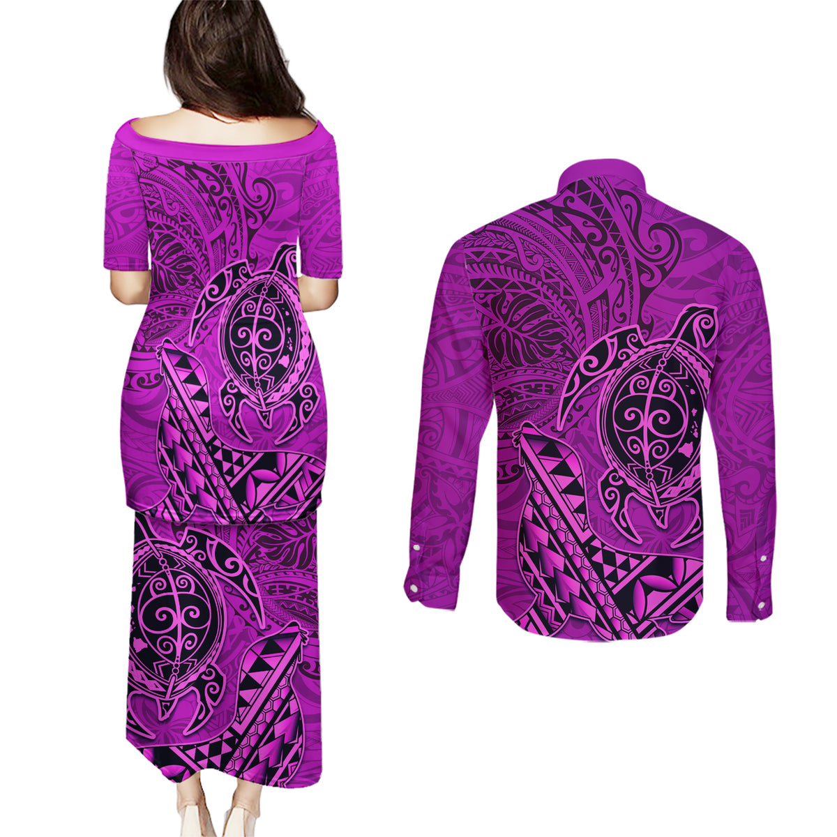 Hawaii Monk Seal and Dolphin Couples Matching Puletasi and Long Sleeve Button Shirt Polynesian Kakau Pattern Pink