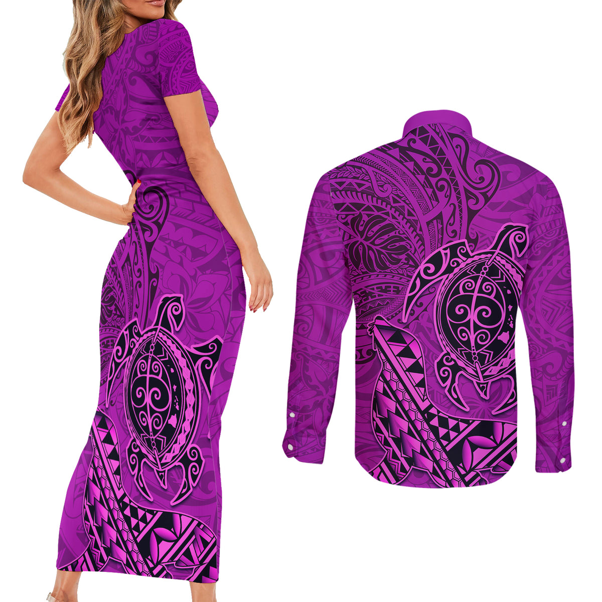 Hawaii Monk Seal and Dolphin Couples Matching Short Sleeve Bodycon Dress and Long Sleeve Button Shirt Polynesian Kakau Pattern Pink
