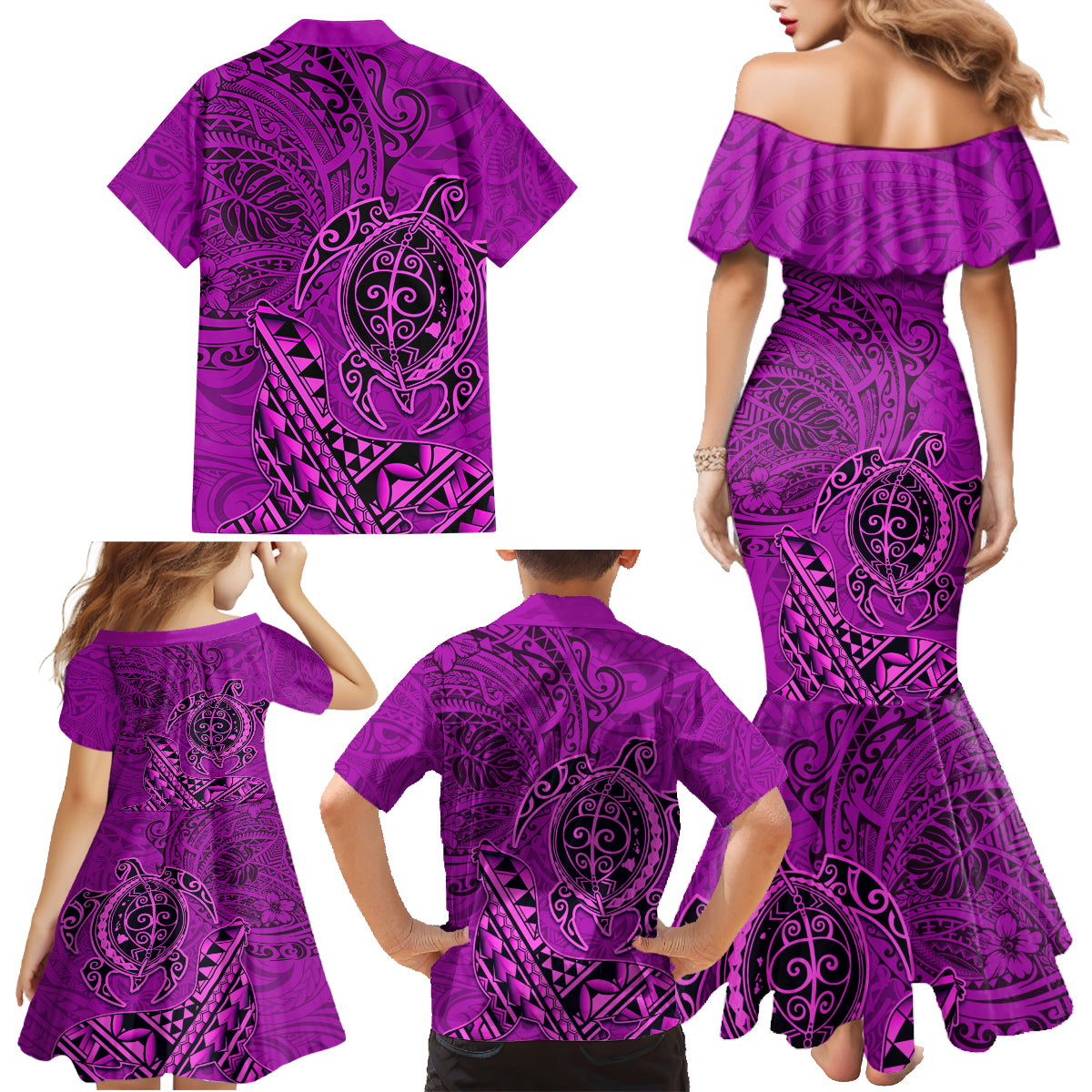 Hawaii Monk Seal and Dolphin Family Matching Mermaid Dress and Hawaiian Shirt Polynesian Kakau Pattern Pink