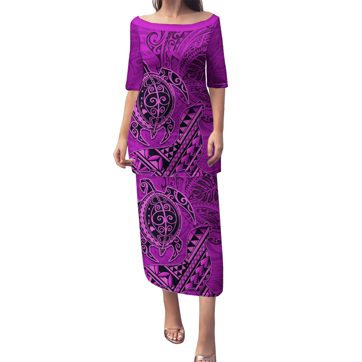 Hawaii Monk Seal and Dolphin Family Matching Puletasi and Hawaiian Shirt Polynesian Kakau Pattern Pink