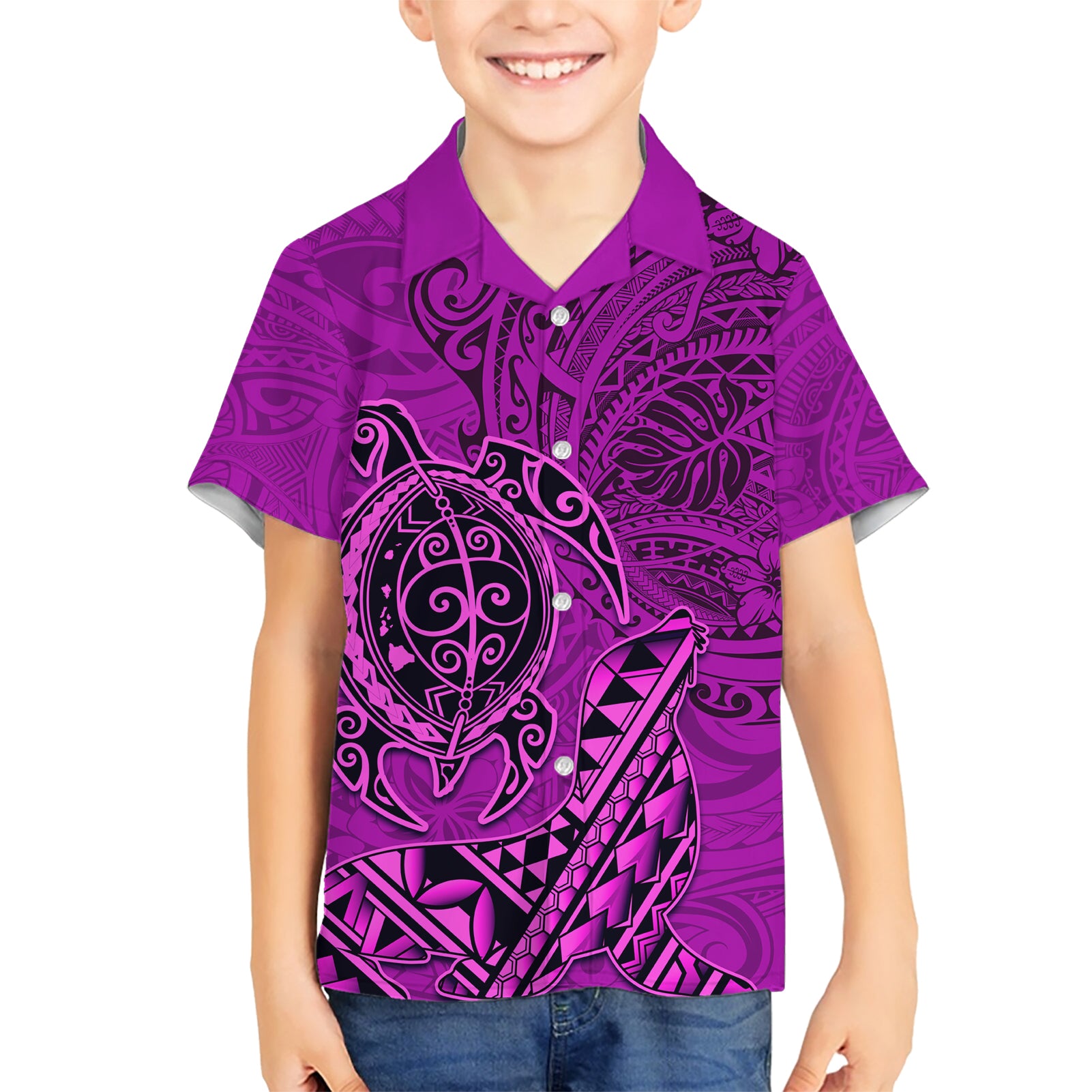 Hawaii Monk Seal and Dolphin Kid Hawaiian Shirt Polynesian Kakau Pattern Pink