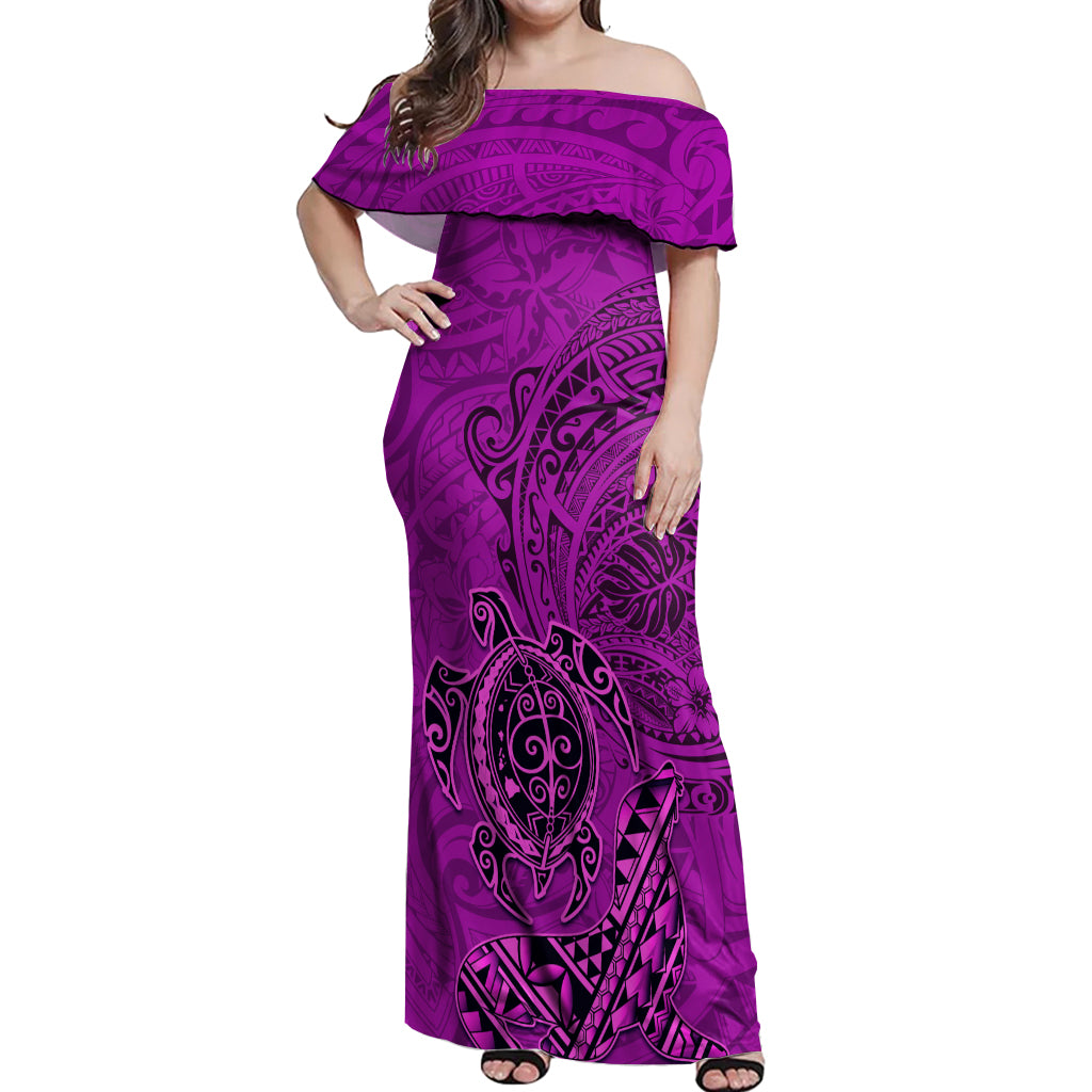 Hawaii Monk Seal and Dolphin Off Shoulder Maxi Dress Polynesian Kakau Pattern Pink