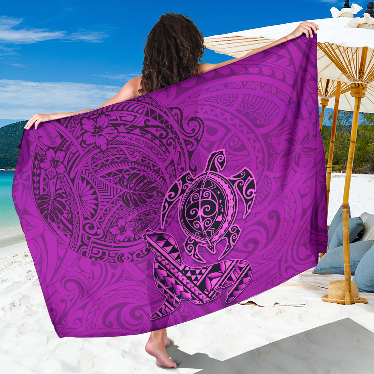 Hawaii Monk Seal and Dolphin Sarong Polynesian Kakau Pattern Pink