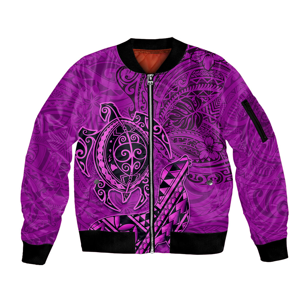 Hawaii Monk Seal and Dolphin Sleeve Zip Bomber Jacket Polynesian Kakau Pattern Pink