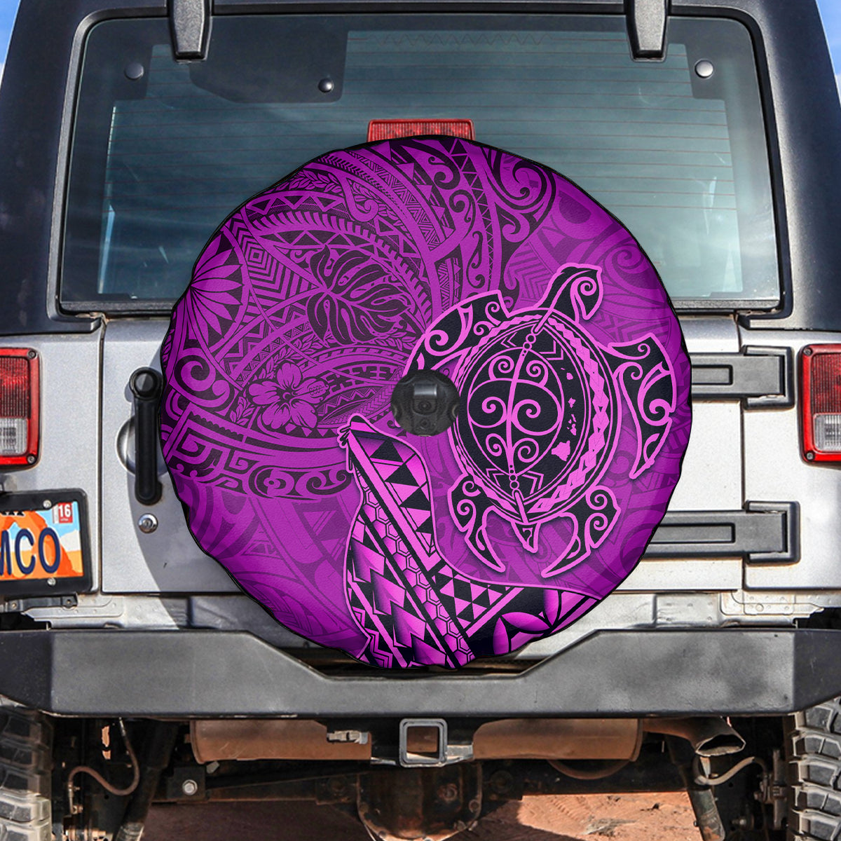 Hawaii Monk Seal and Dolphin Spare Tire Cover Polynesian Kakau Pattern Pink