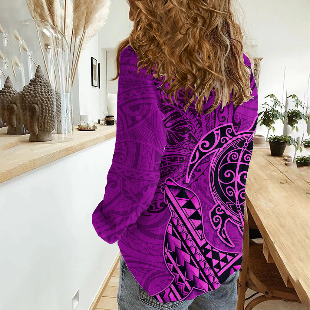 Hawaii Monk Seal and Dolphin Women Casual Shirt Polynesian Kakau Pattern Pink