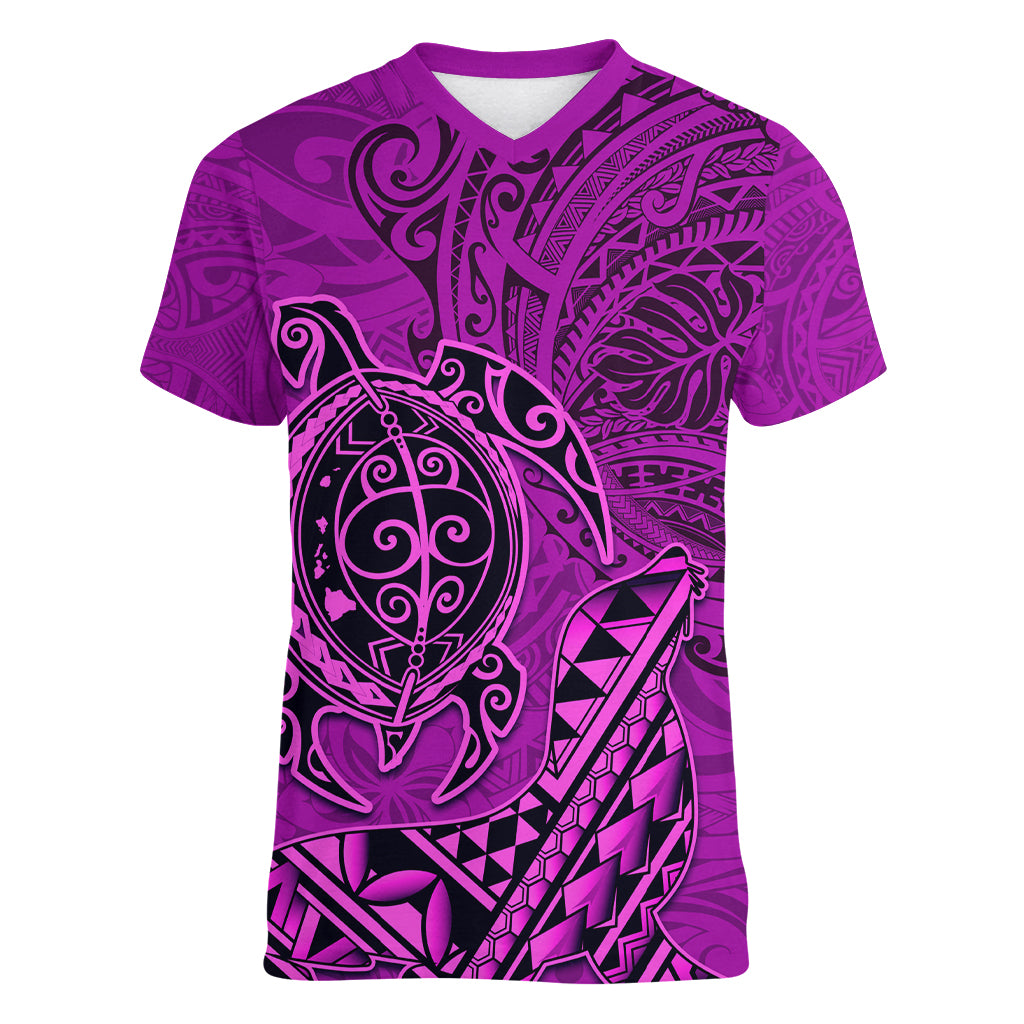 Hawaii Monk Seal and Dolphin Women V-Neck T-Shirt Polynesian Kakau Pattern Pink
