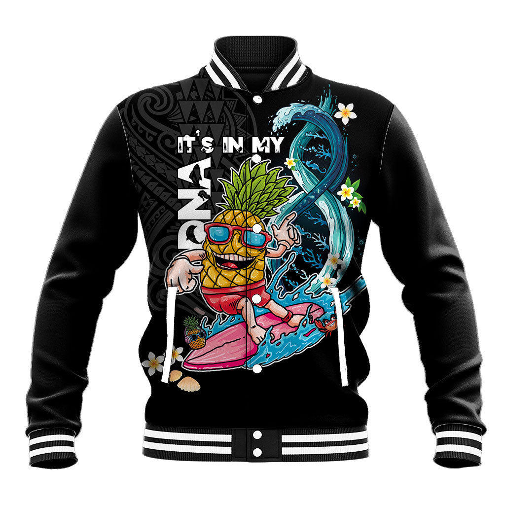 Hawaii Pineapple Surfing Baseball Jacket It's in My DNA - Kakau and Polynesian Pattern LT03 Unisex Black - Polynesian Pride
