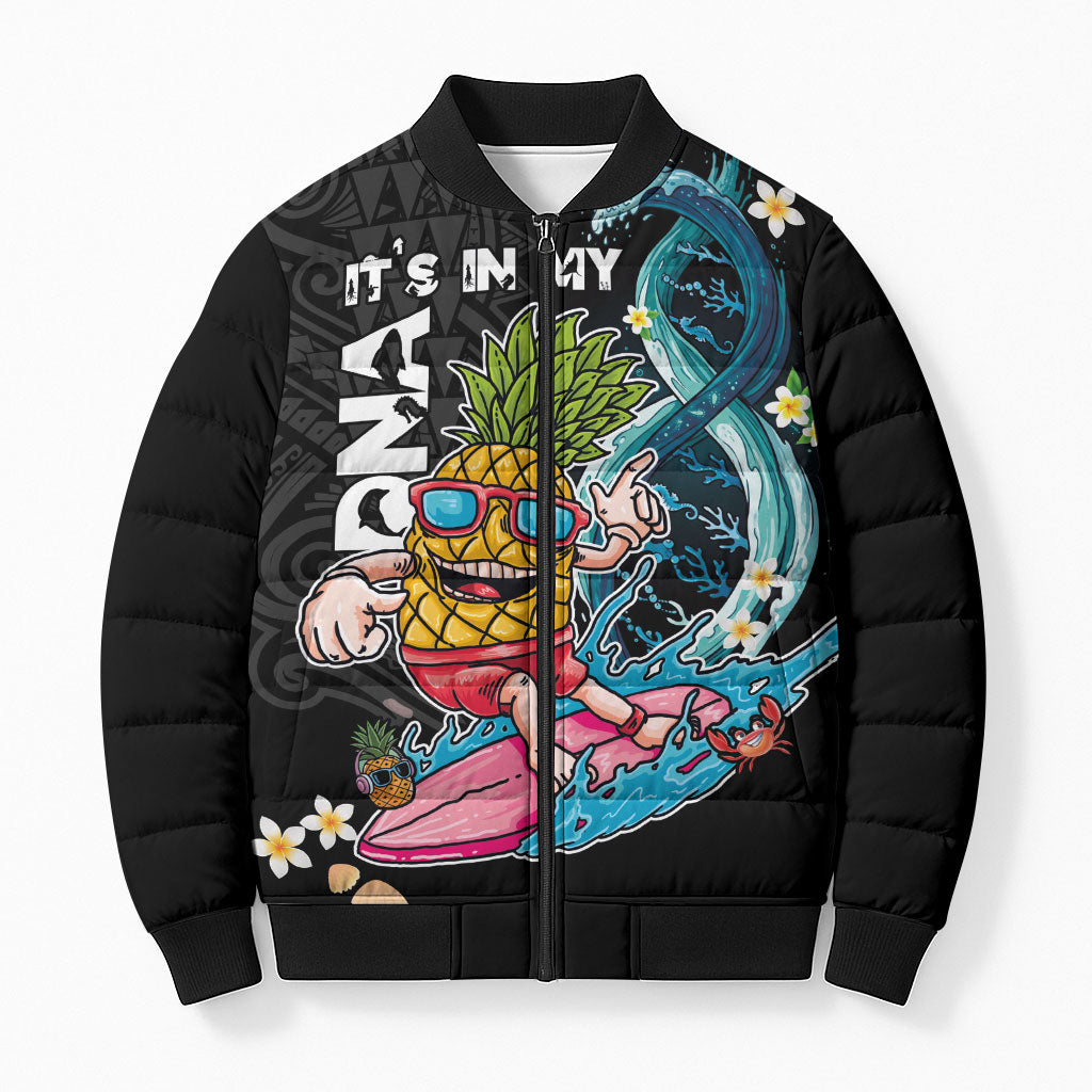 Hawaii Pineapple Surfing Bomber Puffer Jacket It's in My DNA - Kakau and Polynesian Pattern LT03 Unisex Black - Polynesian Pride