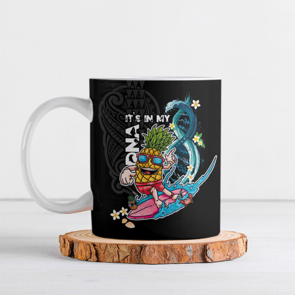 Hawaii Pineapple Surfing Ceramic Mug It's in My DNA - Kakau and Polynesian Pattern LT03 Black - Polynesian Pride
