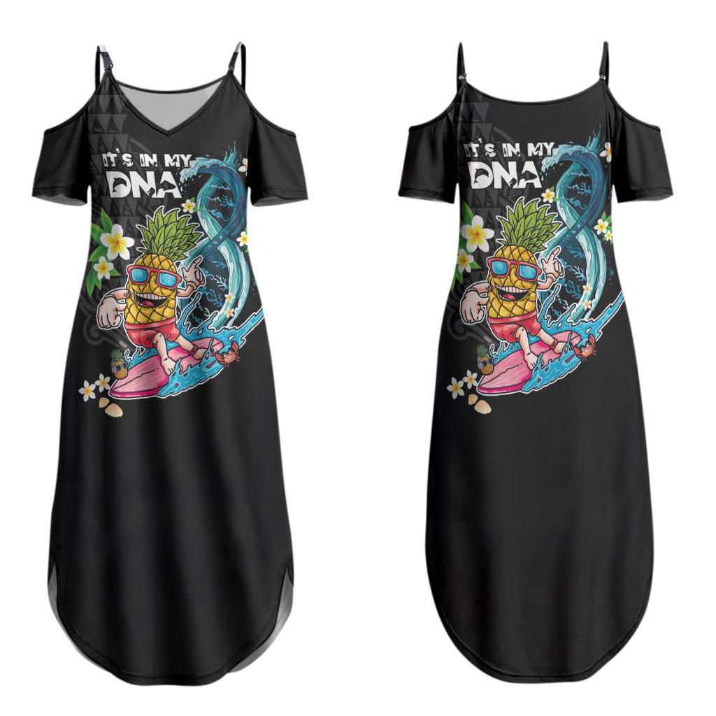 Hawaii Pineapple Surfing Family Matching Summer Maxi Dress and Hawaiian Shirt It's in My DNA - Kakau and Polynesian Pattern LT03 Mom's Dress Black - Polynesian Pride
