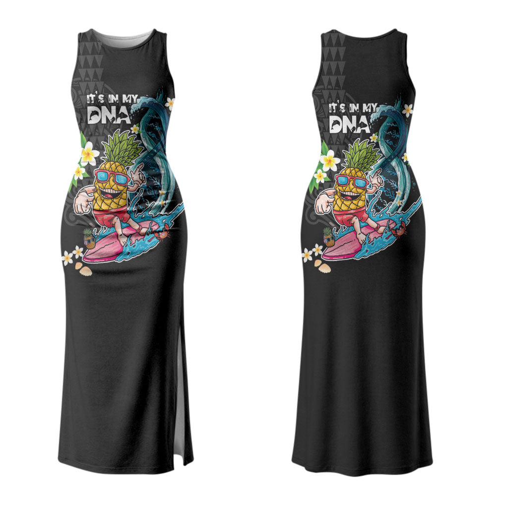 Hawaii Pineapple Surfing Family Matching Tank Maxi Dress and Hawaiian Shirt It's in My DNA - Kakau and Polynesian Pattern LT03 Mom's Dress Black - Polynesian Pride