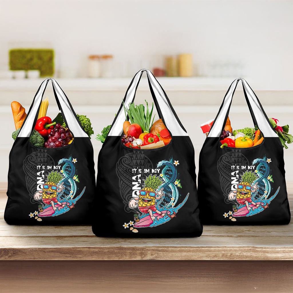 Hawaii Pineapple Surfing Grocery Bag It's in My DNA - Kakau and Polynesian Pattern LT03 3-pack One Size Black - Polynesian Pride