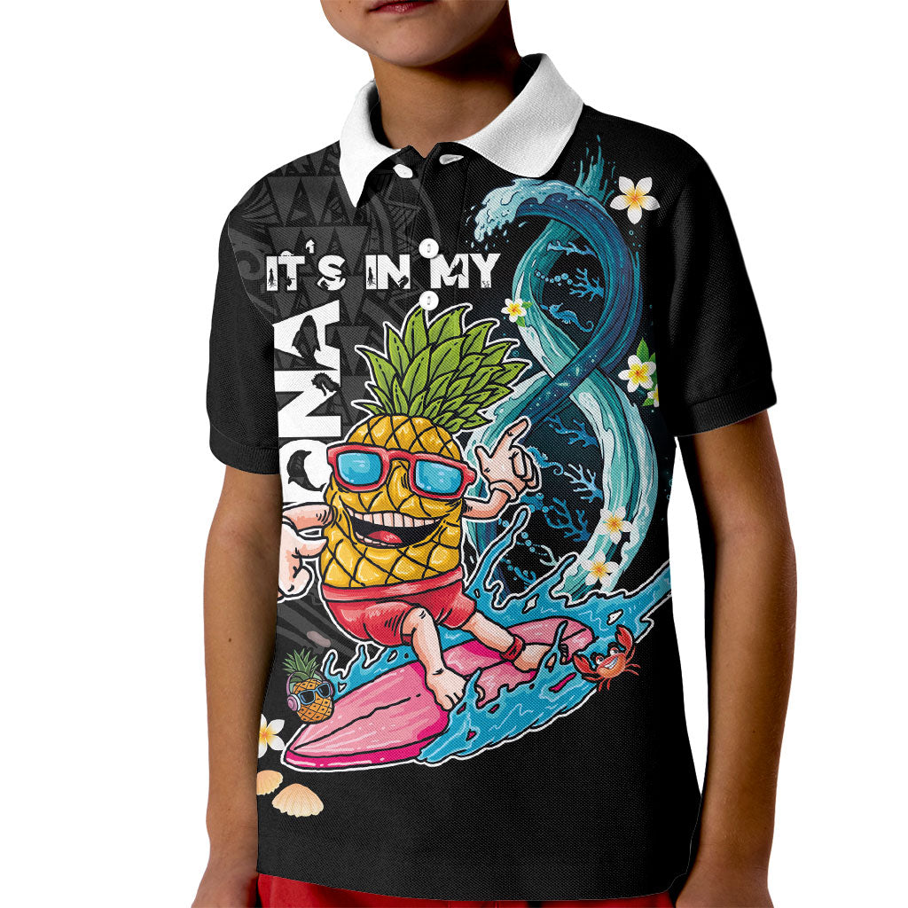 Hawaii Pineapple Surfing Kid Polo Shirt It's in My DNA - Kakau and Polynesian Pattern LT03 Kid Black - Polynesian Pride