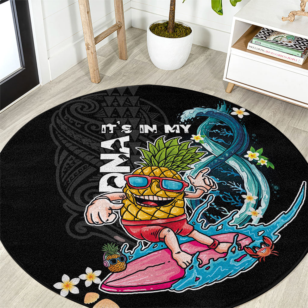Hawaii Pineapple Surfing Round Carpet It's in My DNA - Kakau and Polynesian Pattern LT03 Black - Polynesian Pride