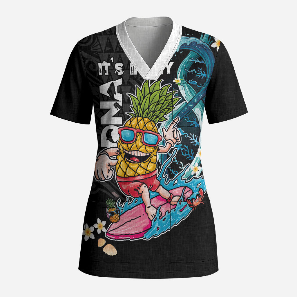 Hawaii Pineapple Surfing Scrub Top It's in My DNA - Kakau and Polynesian Pattern LT03 Adult Black - Polynesian Pride