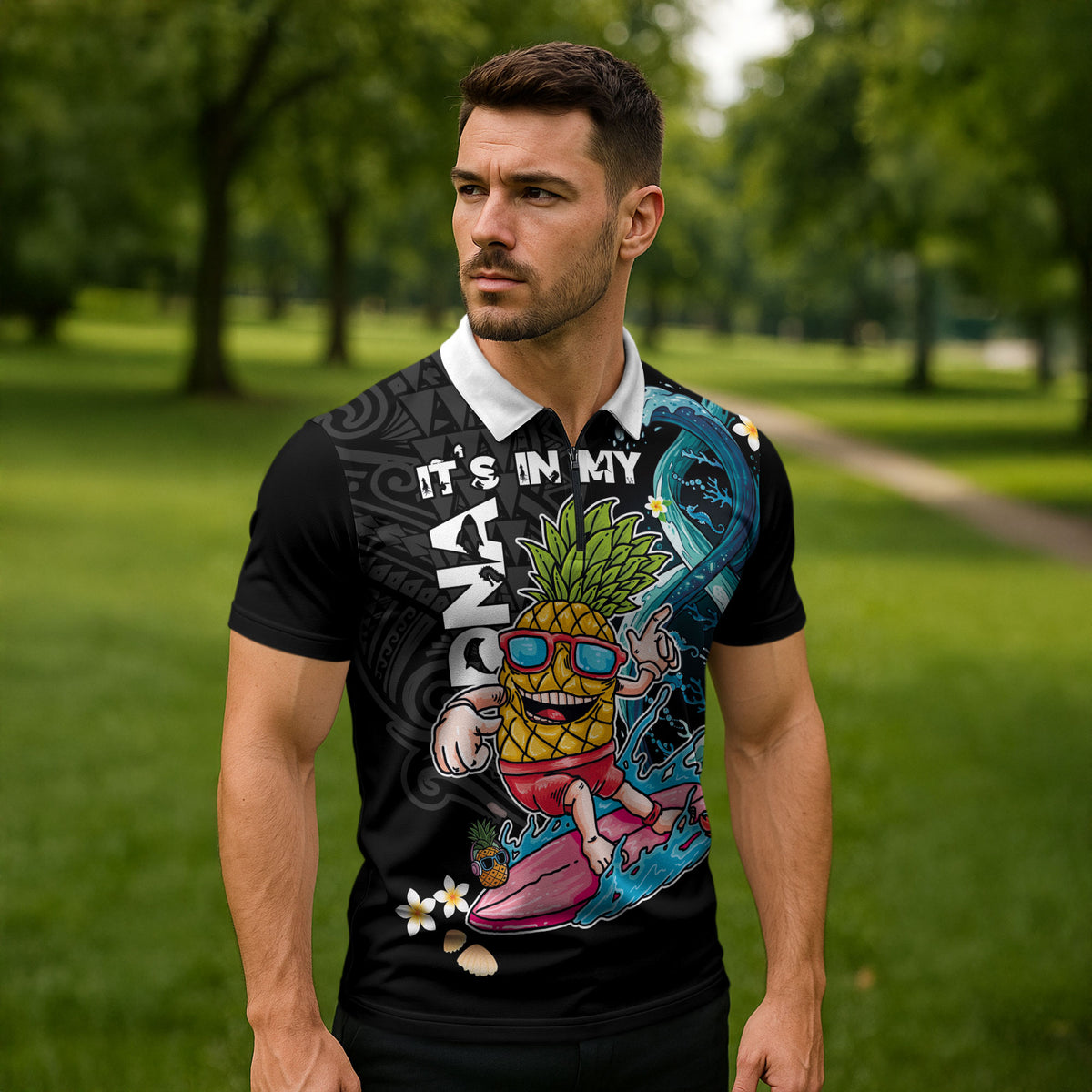 Hawaii Pineapple Surfing Zipper Polo Shirt It's in My DNA - Kakau and Polynesian Pattern LT03 - Polynesian Pride