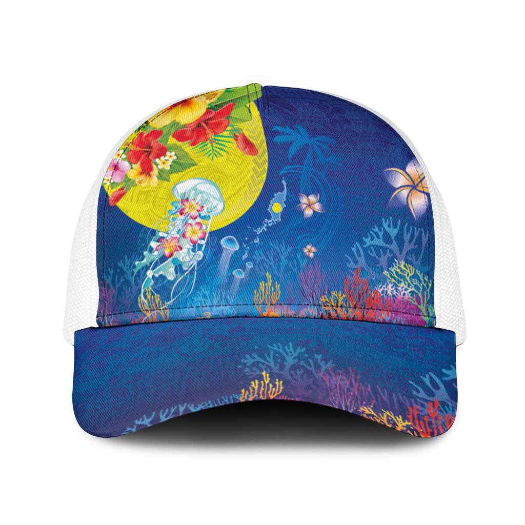 Palau Baseball Net Cap Jellyfish with Coral Reefs Ocean Vibe and Tapa Pattern LT03 One Size White Blue - Polynesian Pride
